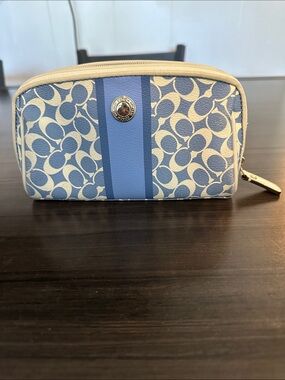 Coach Blue and Cream Signature Stripe Cosmetic Pouch